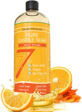 Seven Minerals Pure Castile Soap Sweet Orange bottle, vegan palm-oil-free formula.