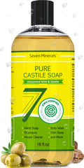 Seven Minerals Pure Castile Soap unscented bottle for gentle cleansing on sensitive skin.