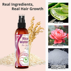 Seven Minerals rice water spray with rose water for soothing scalp refreshment.