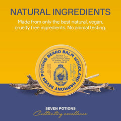 Seven Potions beard balm ingredients closeup showing jojoba and cocoa butter for nourishment.