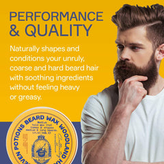 SEVEN POTIONS beard wax Woodland Harmony ingredients panel shows nourishment from natural butters and oils