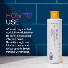 SEVEN POTIONS Hair Shampoo scalp-refresh image communicates invigorating feel during showers.