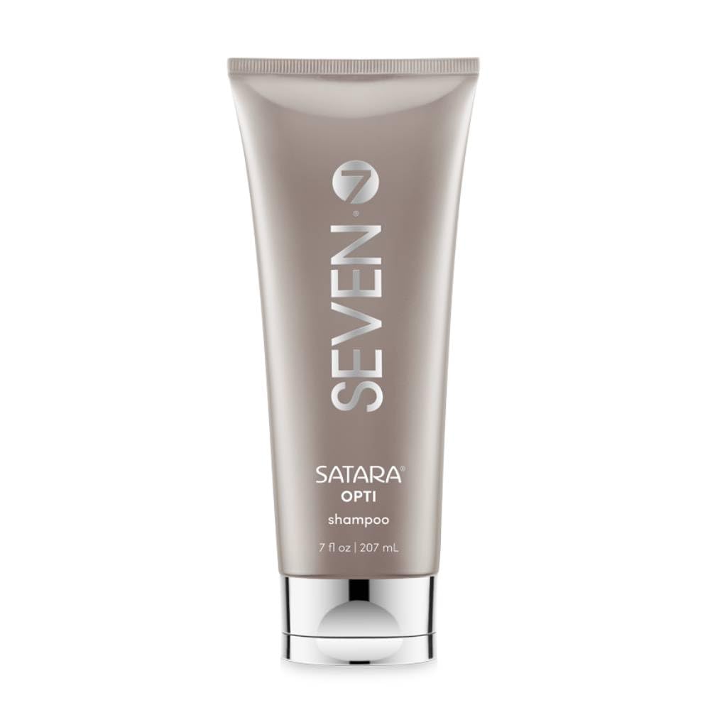 SEVEN SATARA OPTI shampoo bottle pouring for a refreshing wash and healthier-looking hair