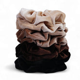 Seven Style velvet scrunchies in black offer crease-free, gentle hold for daily wear.