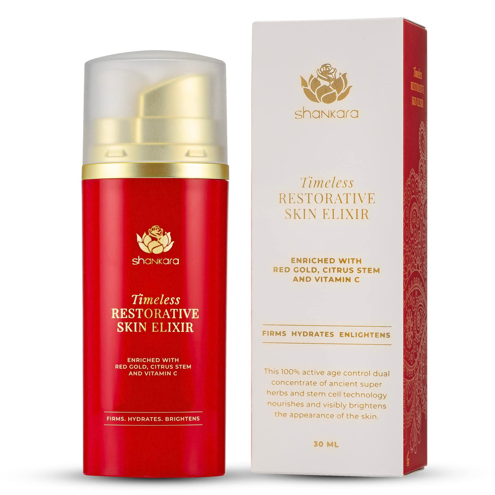 Shankara Timeless Restorative Serum bottle showing lightweight hydration for daily use and a smoother-looking complexion.