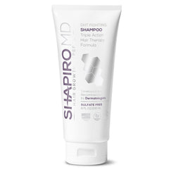 Shapiro MD shampoo bottle shows vegan DHT fighting formula for fuller hair