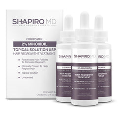 Shapiro MD Minoxidil 2% serum bottle with dropper targeting thinning areas on the scalp