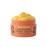 SHAZ & KIKS Ultra Hydrating Turmeric Shampoo bottle delivers lasting moisture for a soft, healthy scalp.