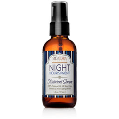 Shea Terra Night Nourishment Serum bottle pour showing rich emollient texture for overnight skin care
