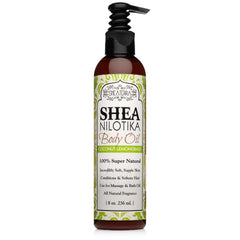 Shea Terra Nilotik’ Oil bottle with coconut lemongrass for lightweight daily moisture.