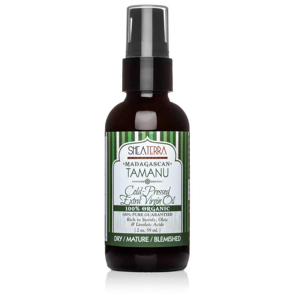 Shea Terra Madagascar Tamanu oil bottle close-up, showcasing rich hydration for skin.
