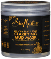 SheaMoisture African Black Soap Clarifying Mud Mask jar demonstrates purifying formula for clearer-looking skin.