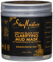 SheaMoisture African Black Soap Clarifying Mud Mask jar demonstrates purifying formula for clearer-looking skin.