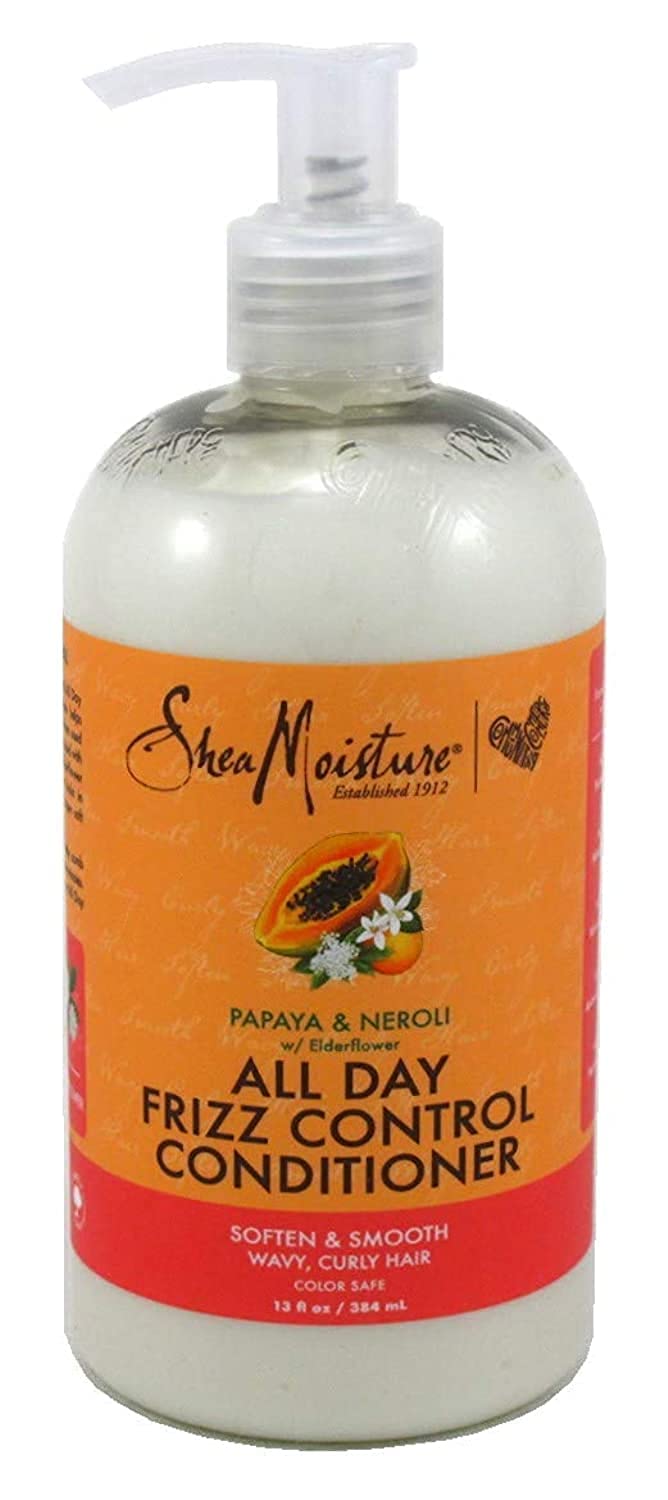 SheaMoisture All Day Frizz Control Conditioner Papaya Neroli bottle showcases smoothing action.