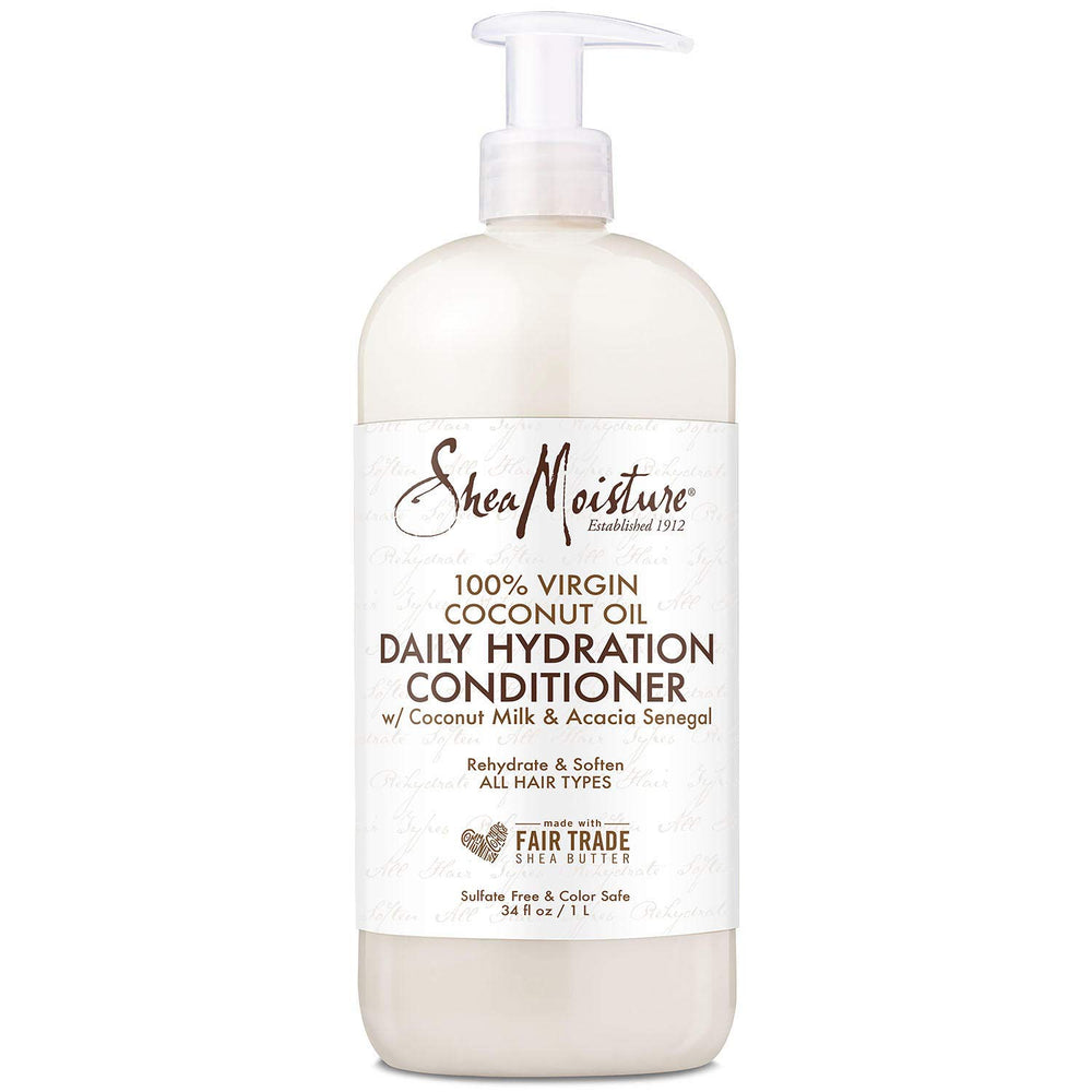SheaMoisture Coconut Oil Daily Hydration conditioner bottle promotes detangling and smoothness.