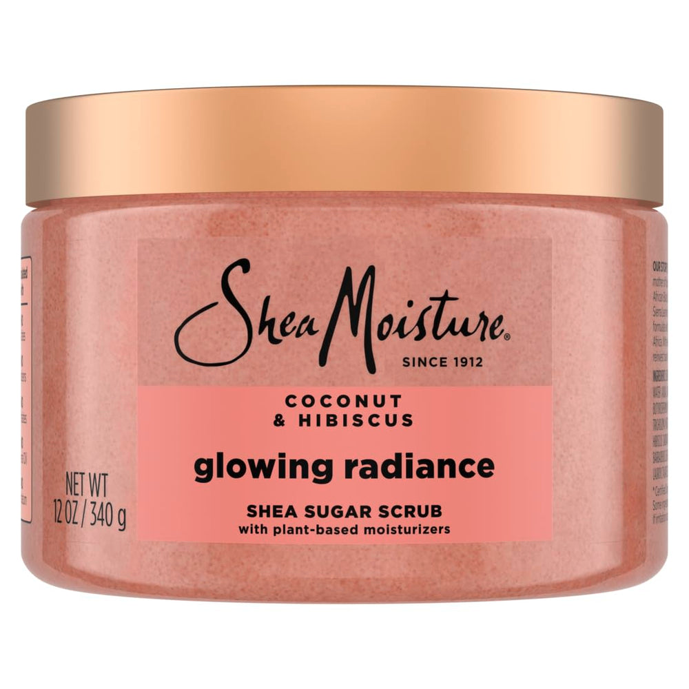 Sheamoisture Glowing Radiance sugar scrub jar with coconut hibiscus for smooth, nourished skin.