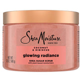 Sheamoisture Glowing Radiance sugar scrub jar with coconut hibiscus for smooth, nourished skin.