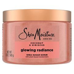 Sheamoisture Glowing Radiance sugar scrub jar with coconut hibiscus for smooth, nourished skin.