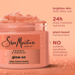 Sheamoisture Glowing Radiance sugar scrub ingredients highlight coconut oil and hibiscus for nourishment.