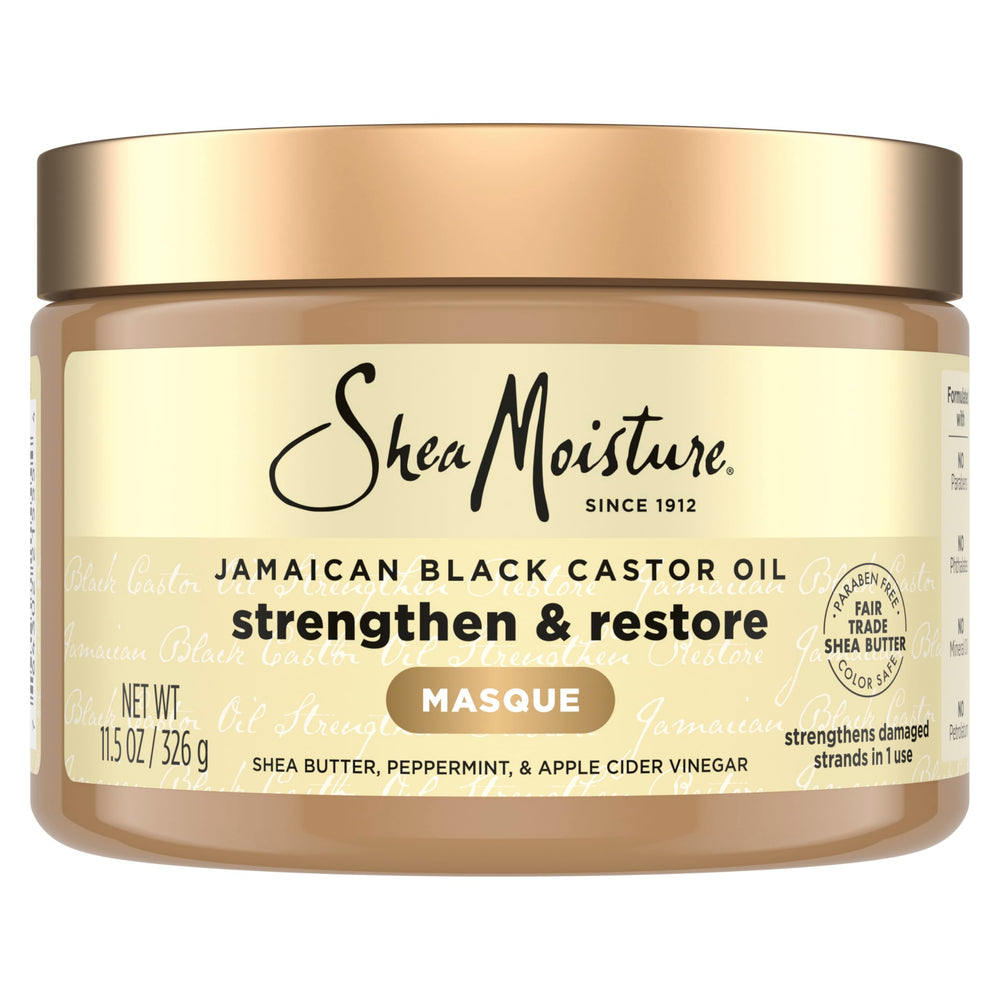 Brand SheaMoisture Jamaican Black Castor Oil Masque bottle provides moisture for damaged hair