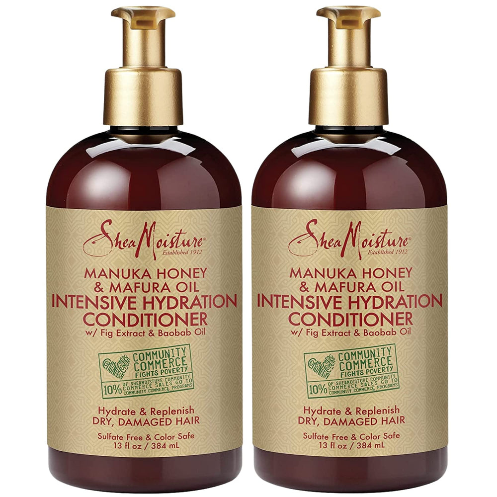 Sheamoisture Manuka Honey + Mafura Oil conditioner bottle promoting deep hydration for dry hair