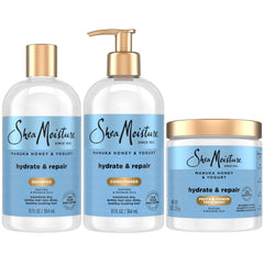 SheaMoisture Manuka Honey Yogurt Shampoo bottle with creamy lather for hydration.
