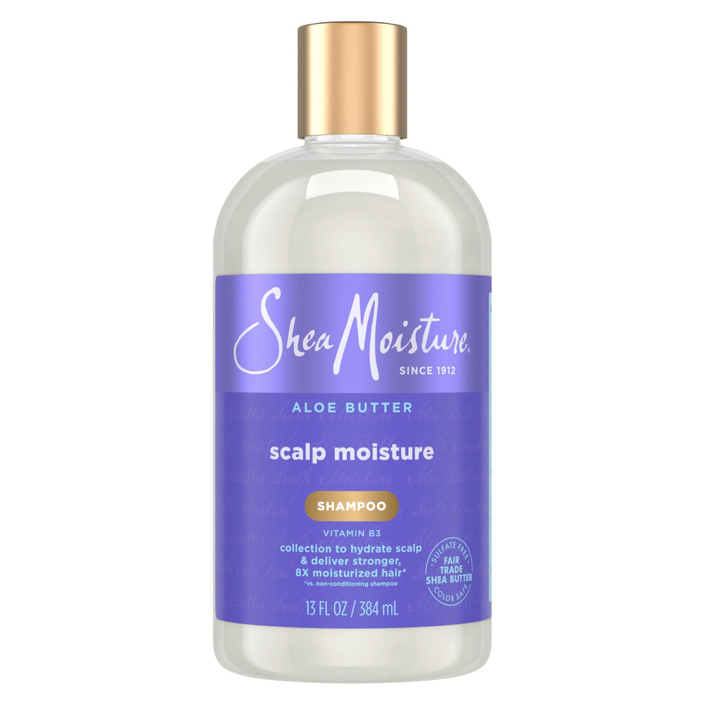 SheaMoisture Scalp Moisture Shampoo bottle with hydrating Aloe Butter blend for daily use.