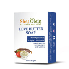 SheaOlein Love Butter Soap packaging highlights organic ingredients and moisture-rich formula.