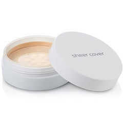 Sheer Cover mineral foundation powder container showcases portable makeup.