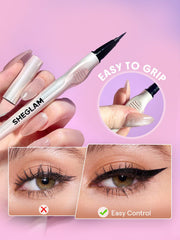 SHEGLAM Glide Control eyeliner application stroke demonstrates smooth, tug-free drawing for beginners.