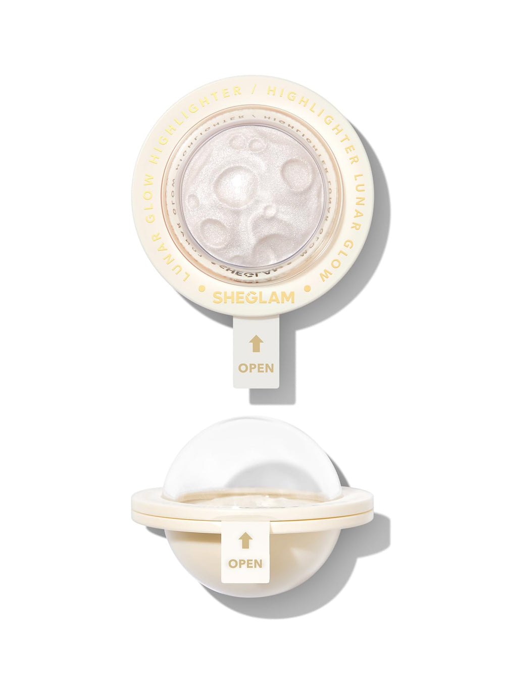 SHEGLAM Lunar Glow Highlighter compact radiates soft gold shimmer for cheeks.
