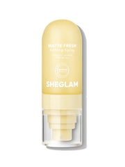 SHEGLAM Matte Fresh Setting Spray bottle close-up showing oil-control formula for lasting wear