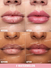 SHEGLAM Pout PHresh Watermelon lipstick swatch shows gradual tint with moisturizing feel.