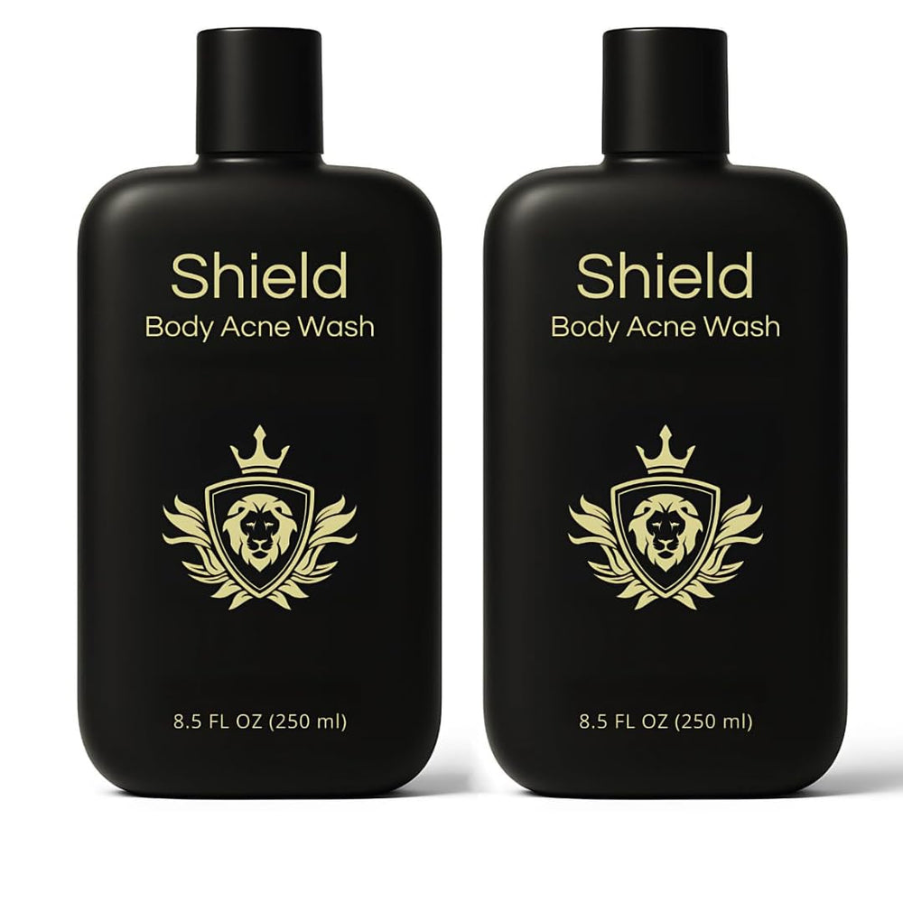 Shield Body Acne Wash back bottle close-up for daily cleansing after workouts.