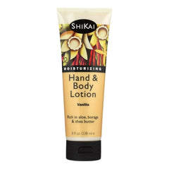 ShiKai vanilla hand & body lotion bottle pour showing hydration potential