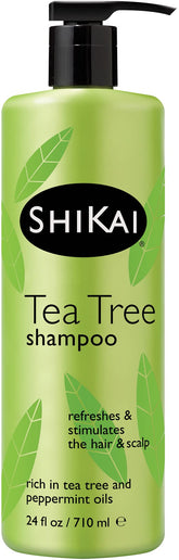ShiKai Tea Tree Shampoo bottle pour showing a refreshing daily scalp cleanse
