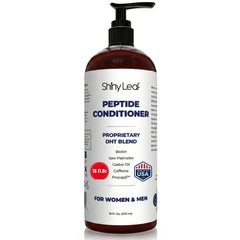 Shiny Leaf anti-thinning peptide conditioner bottle promotes fuller-looking hair.