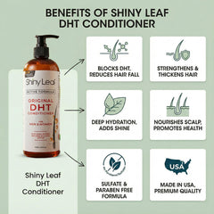 Shiny Leaf DHT Blocker Conditioner jar shows castor oil and biotin for nourishing scalp