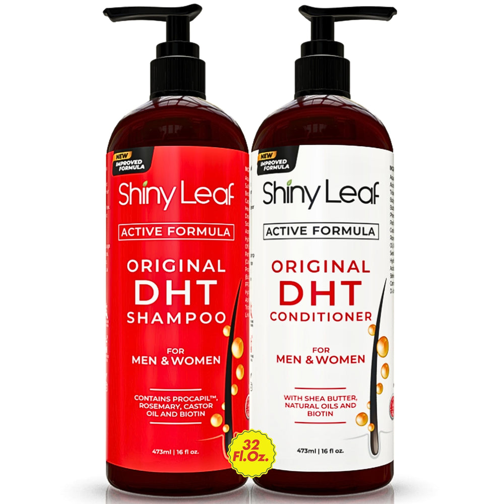 Shiny Leaf DHT Blocker Shampoo bottle with rosemary oil for healthier-looking hair.