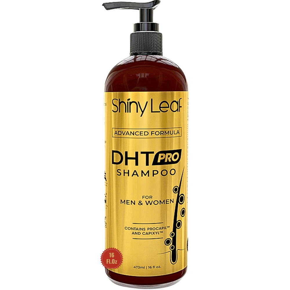 Shiny Leaf DHT Pro Shampoo bottle highlights daily use benefits.