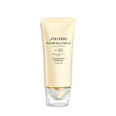 Shiseido Future Solution LX bottle showing hydrating sun protection benefits.