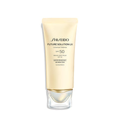 Shiseido Future Solution LX bottle showing hydrating sun protection benefits.