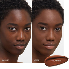 Shiseido Synchro Skin swatches on arm illustrate buildable coverage and shade match.