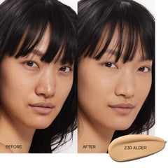 Shiseido Synchro Skin Alder 230 texture swatch reveals natural semi-matte finish.
