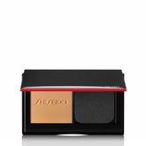 Shiseido Synchro Skin bottle close-up showing long-wear finish that stays fresh all day.