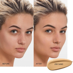 Swatch of Shiseido Synchro Skin on cheek highlights seamless blur.