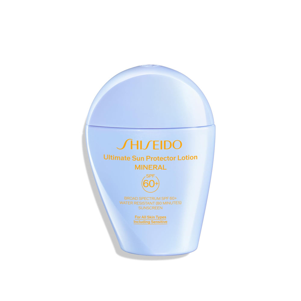 Shiseido Ultimate Sun Protector Lotion bottle close-up showing mineral SPF 60+