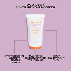 Applying Shiseido Urban Environment sunscreen to hand for daily protection before makeup.