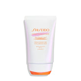 Shiseido Urban Environment sunscreen bottle on counter signaling daily protection from sun and pollution.