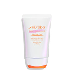 Shiseido Urban Environment sunscreen bottle on counter signaling daily protection from sun and pollution.